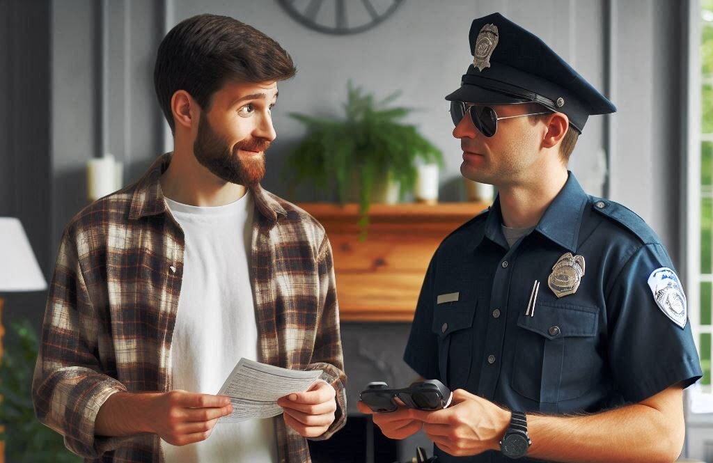 um homem recebendo uma multa de trânsito na sua casa