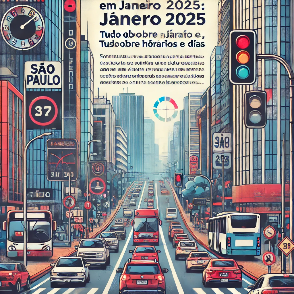 DALL·E 2024-11-10 20.16.36 - A blog post image in Portuguese with the title 'Rodízio de Placas em São Paulo em Janeiro 2025_ Tudo Sobre Horários e Dias'. The design should feature