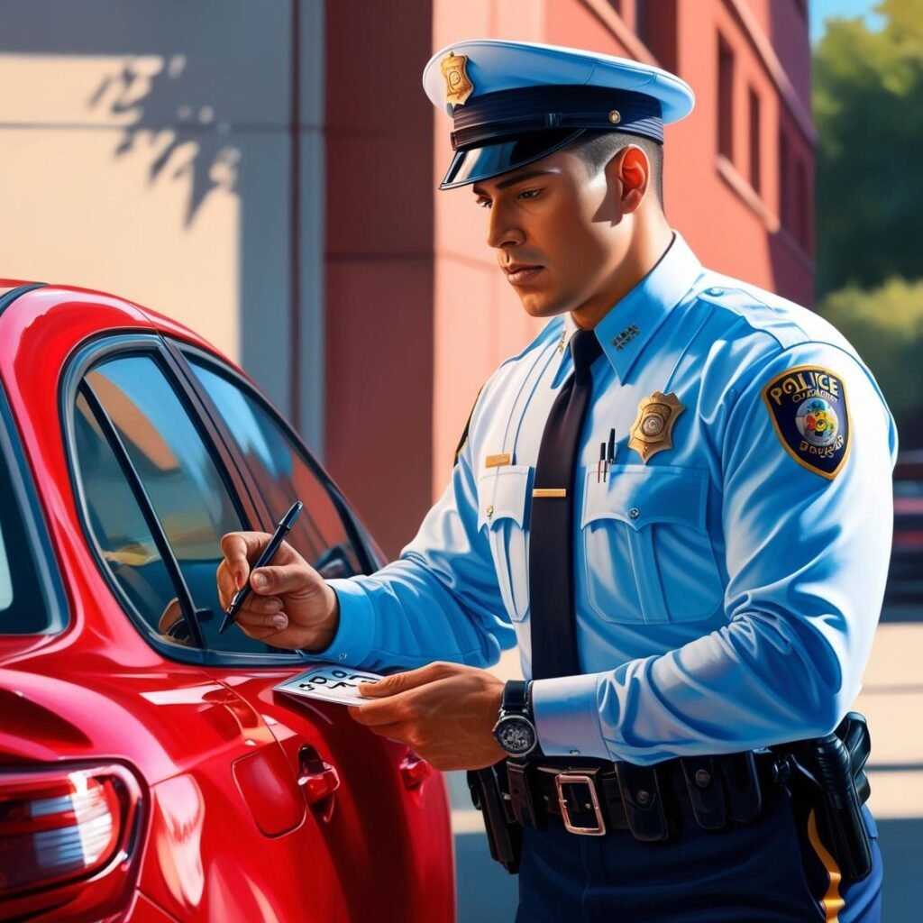 Faça a imagem de um policial multando um carro somente pegando o número da placa do veículo