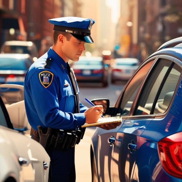 Faça a imagem de um policial multando um carro somente pegando o número da placa do veículo (3)