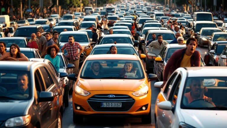 Faça uma imagem contendo de um congestionamento de veículos, na cidade de São Paulo, e pessoas nervosas pelo fato de não conseguir chegar ao trabalho_