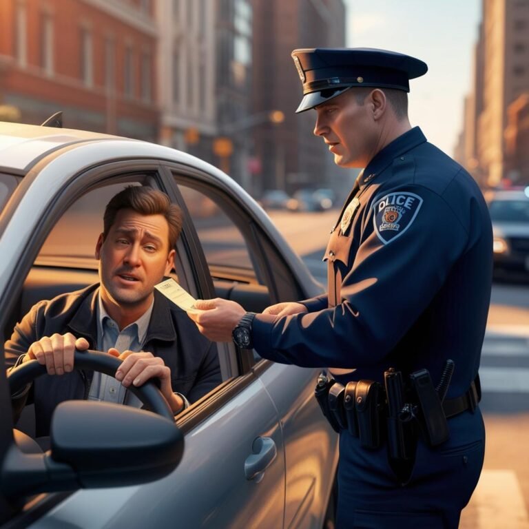 Faça uma imagem de uma imagem de um homem parado por um policial e o policial lhe aplicando uma multa por infração de trânsito (1)