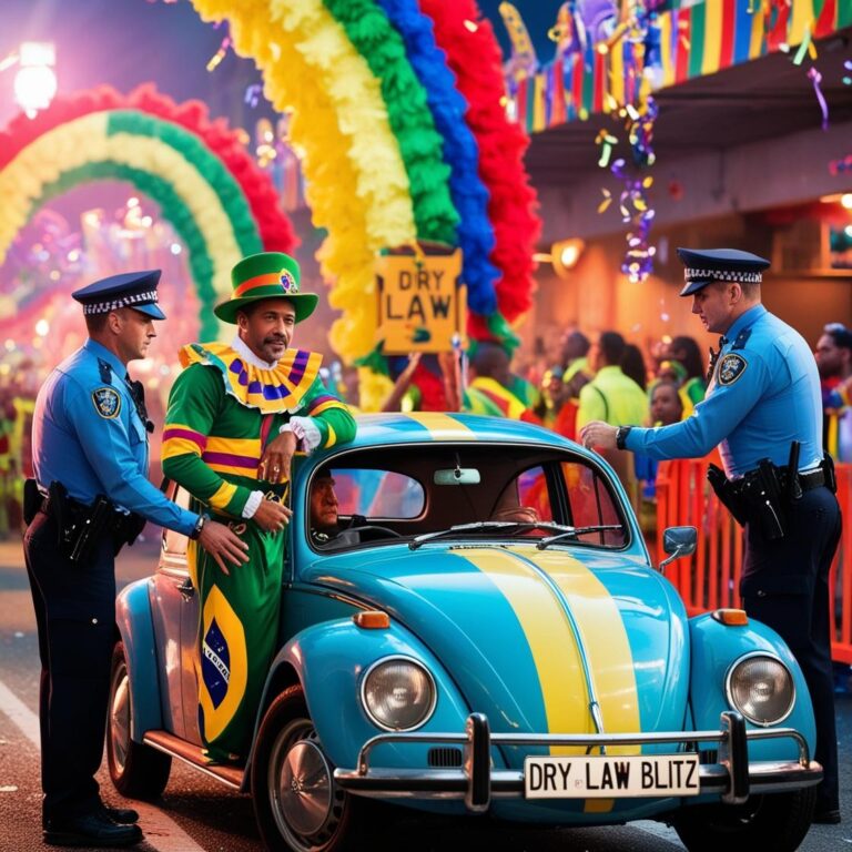 Faça imagem de um homem, sendo parado com seu carro em uma blitz da lei seca, no carnaval, no Brasil